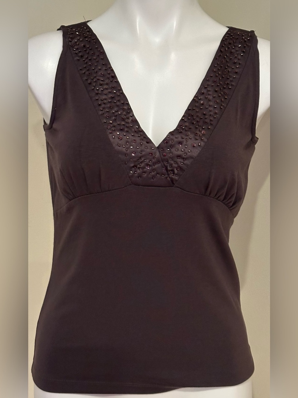 LIZ CLAIBORNE Dark Brown V-Neck Copper Embellished Pleated Camisole Sz M